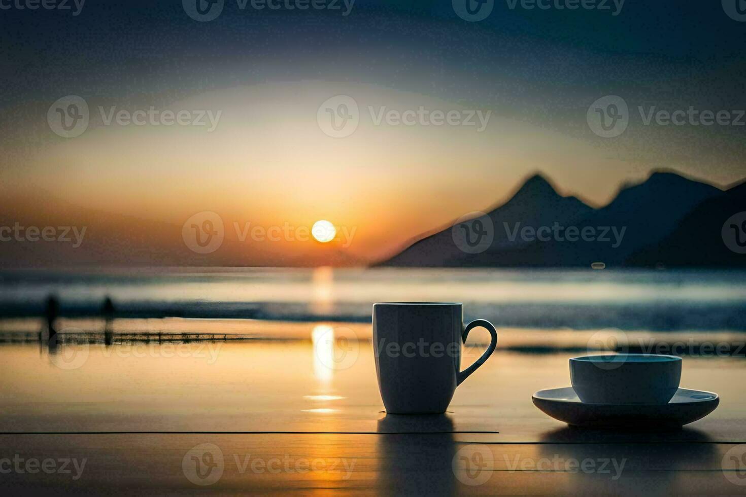 café e uma copo do café em a de praia às pôr do sol. gerado por IA foto