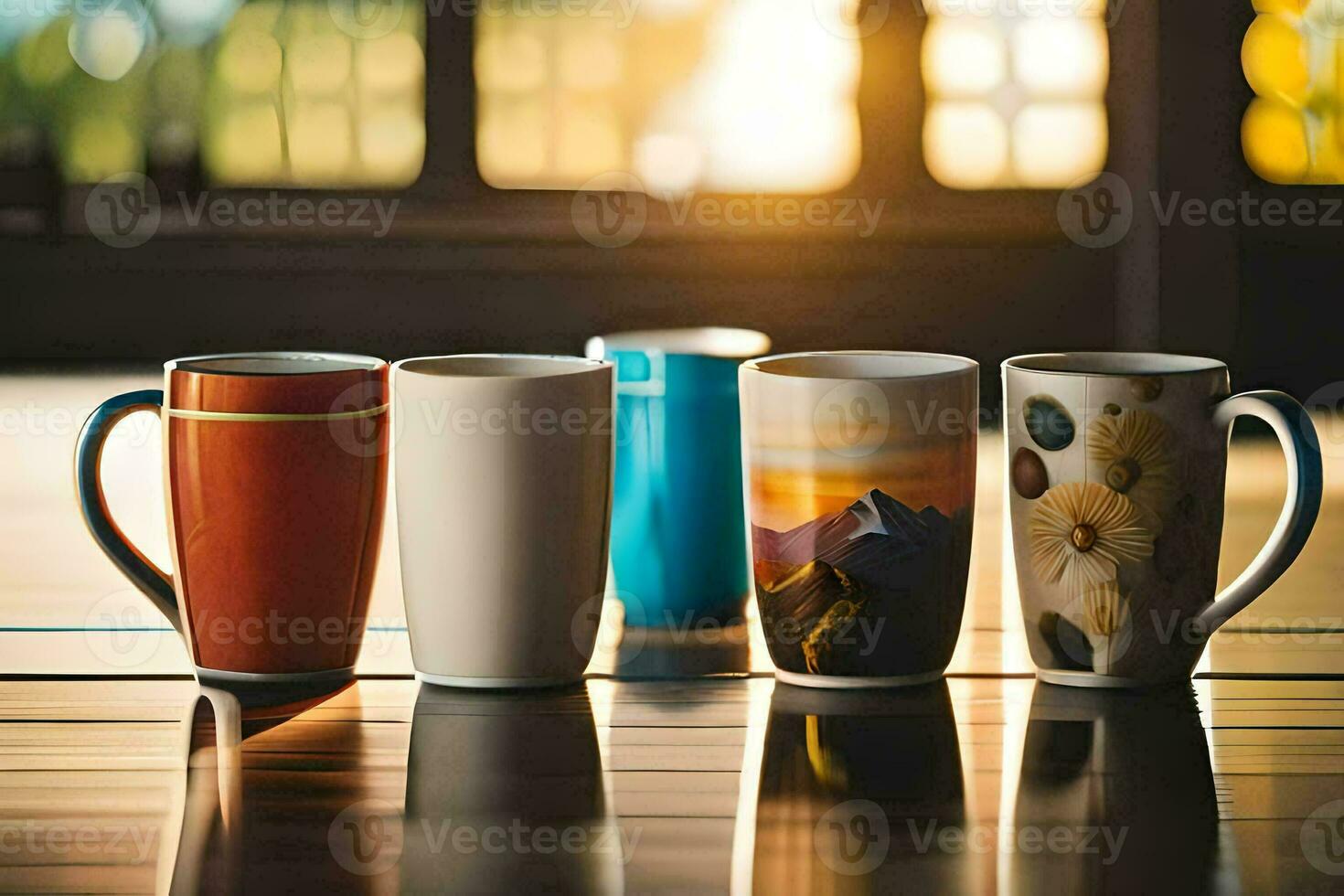 cinco diferente café canecas forrado acima em uma mesa. gerado por IA foto