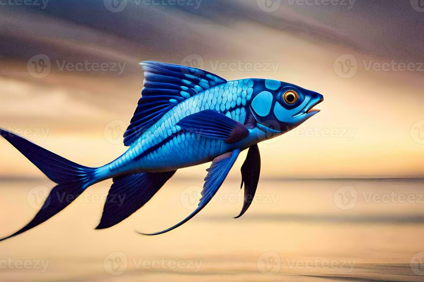 azul peixe, peixe, água, a oceano, pôr do sol, hd papel de parede. gerado por IA foto