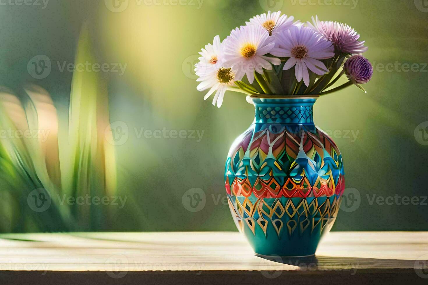 uma colorida vaso com flores em uma mesa. gerado por IA foto