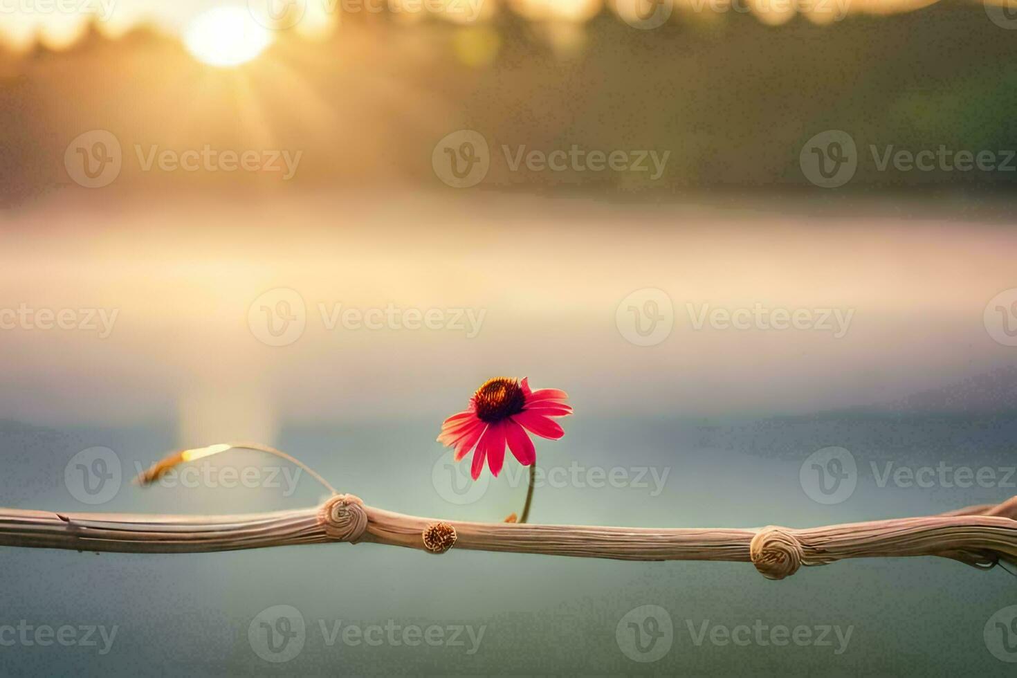 uma solteiro flor senta em uma ramo dentro frente do uma lago. gerado por IA foto