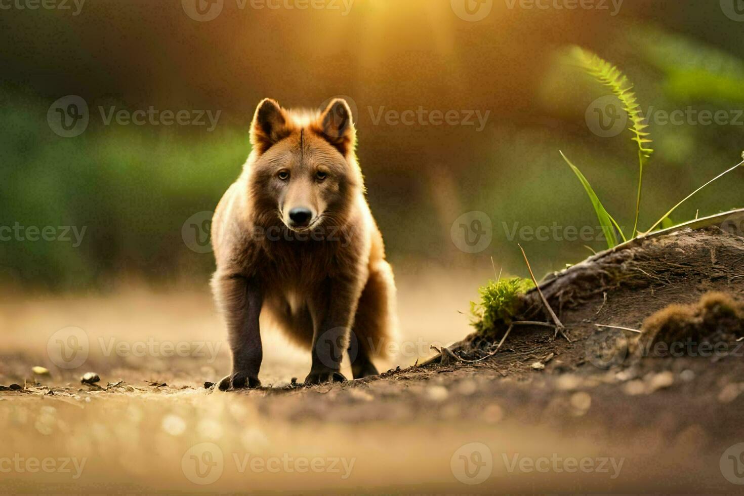 uma Lobo é caminhando dentro a Sol. gerado por IA foto