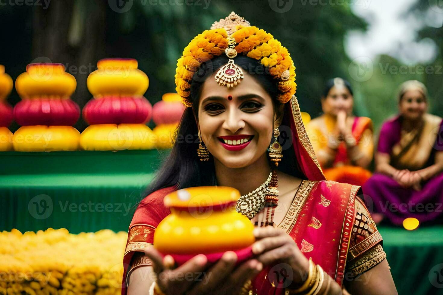 uma mulher dentro tradicional indiano vestuário segurando uma amarelo Panela. gerado por IA foto