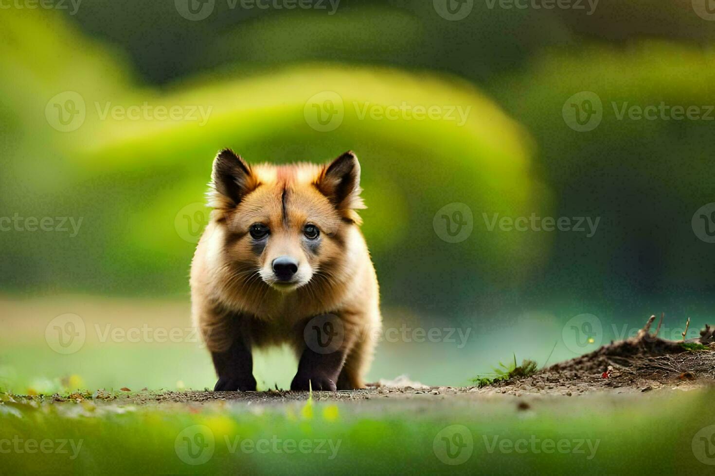 uma pequeno Raposa em pé em a terra dentro a meio do uma campo. gerado por IA foto