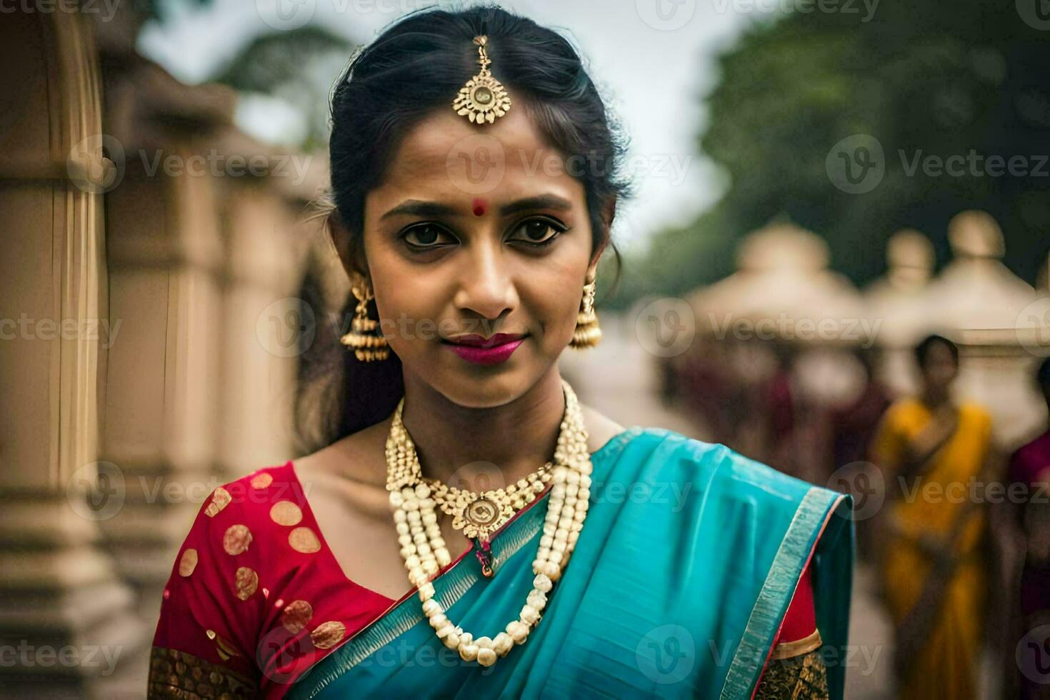 uma mulher dentro tradicional sari com ouro joia. gerado por IA foto