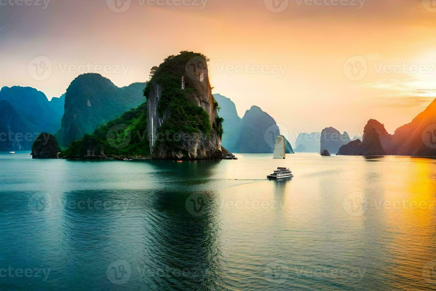 a pôr do sol sobre Halong baía, Vietnã. gerado por IA foto