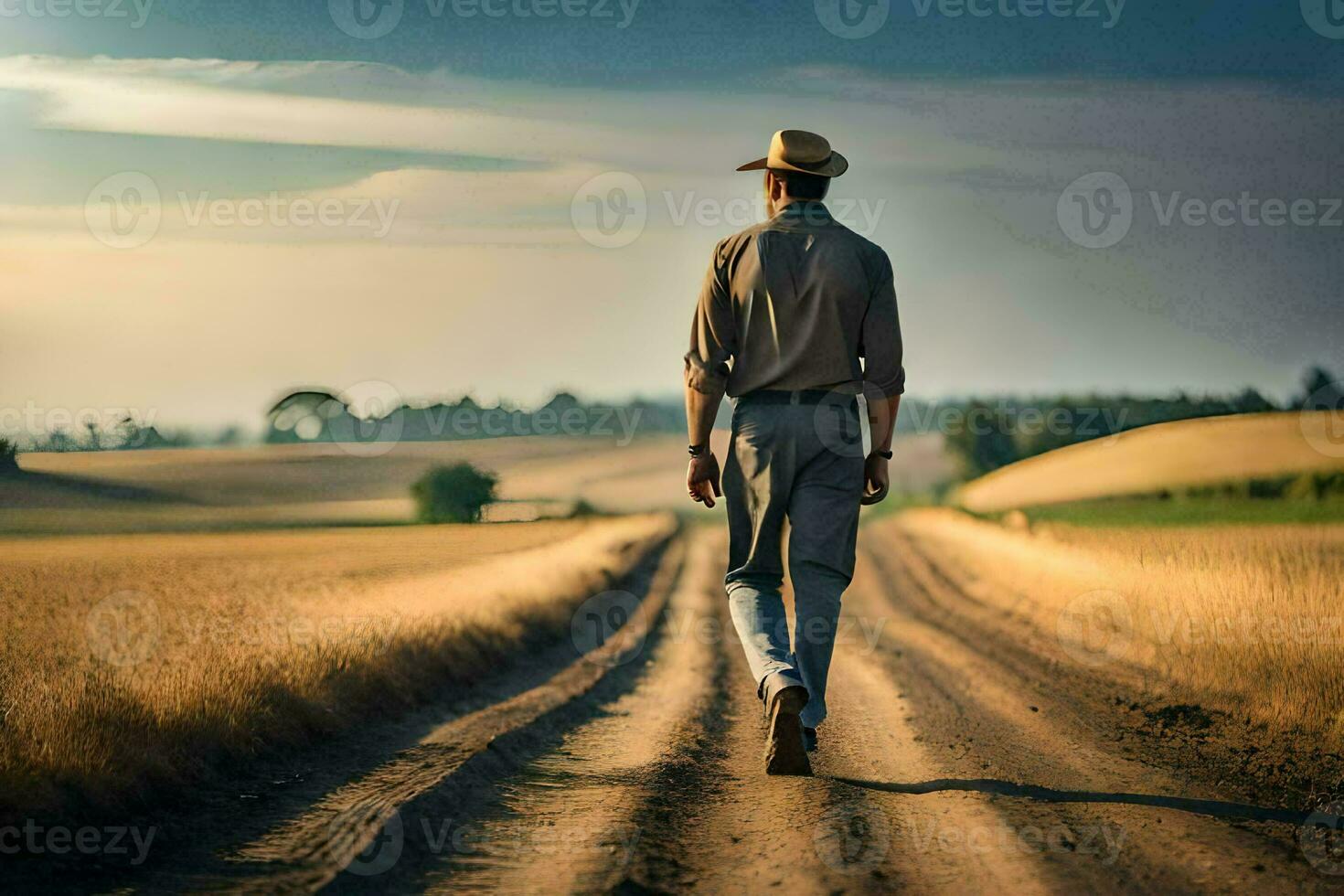 uma homem dentro uma chapéu anda em baixa uma sujeira estrada. gerado por IA foto