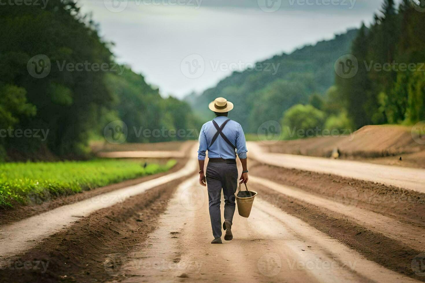 uma homem dentro uma chapéu e suspensórios caminhando baixa uma sujeira estrada. gerado por IA foto