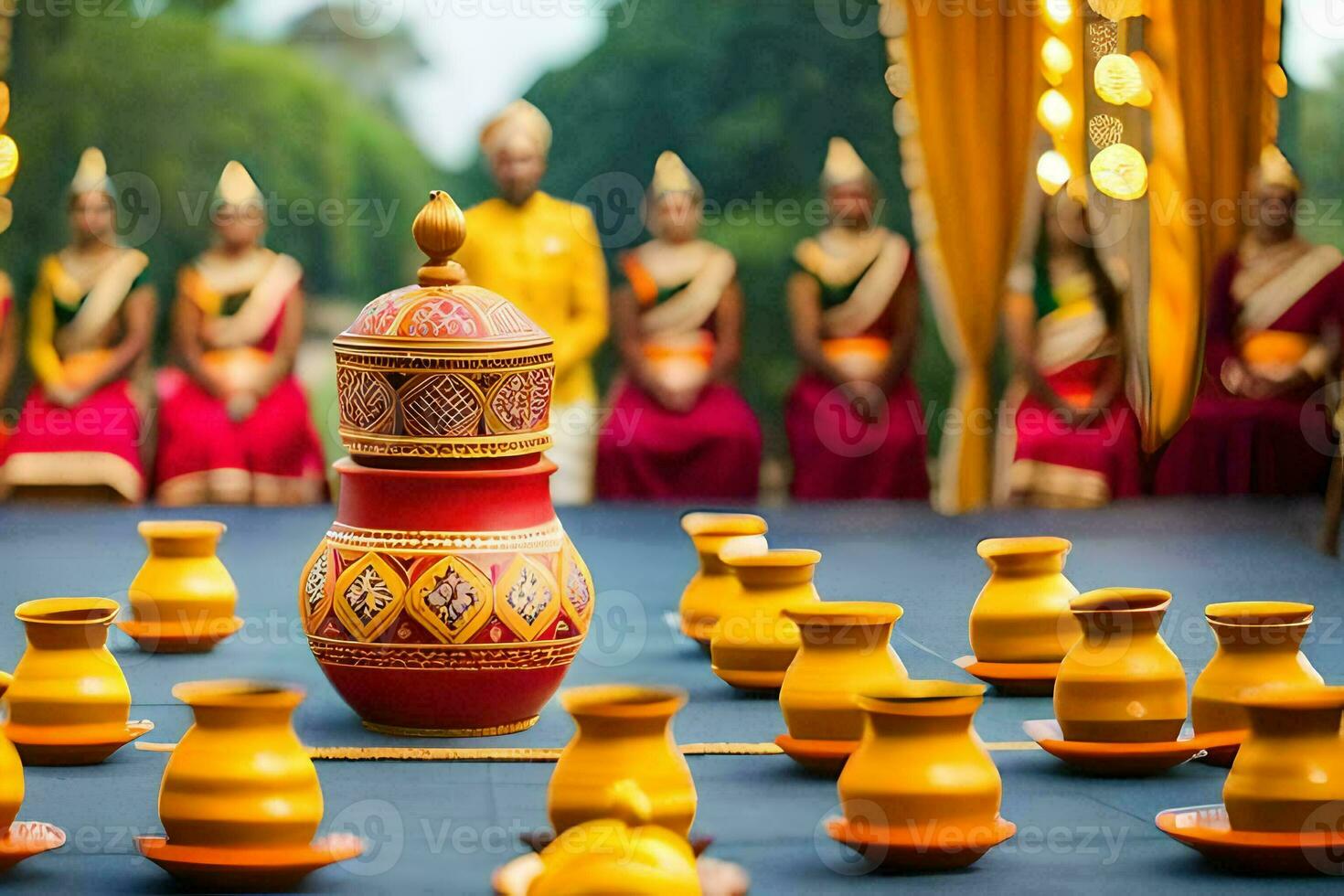 uma grupo do mulheres dentro tradicional roupas estão sentado por aí uma mesa com amarelo vasos. gerado por IA foto