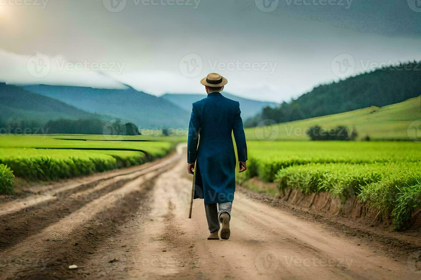 uma homem dentro uma azul terno anda em baixa uma sujeira estrada. gerado por IA foto