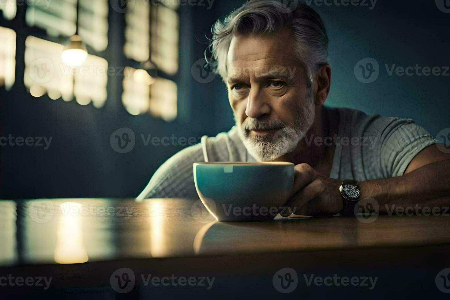 uma homem com uma barba e uma copo do café. gerado por IA foto