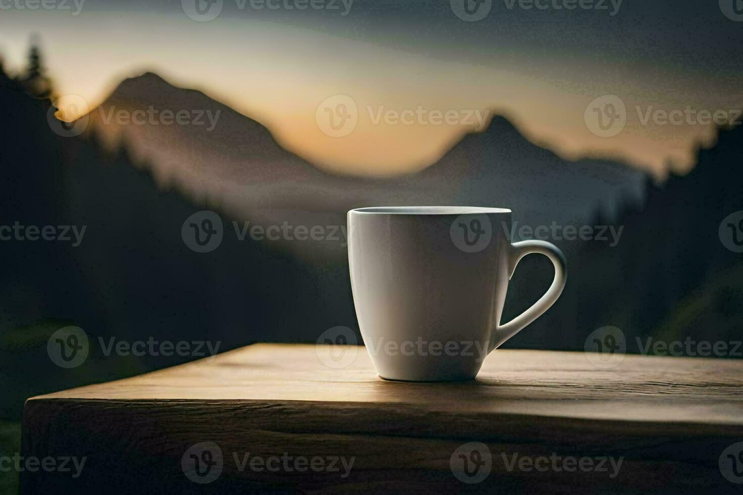 café copo em uma mesa dentro a montanhas. gerado por IA foto