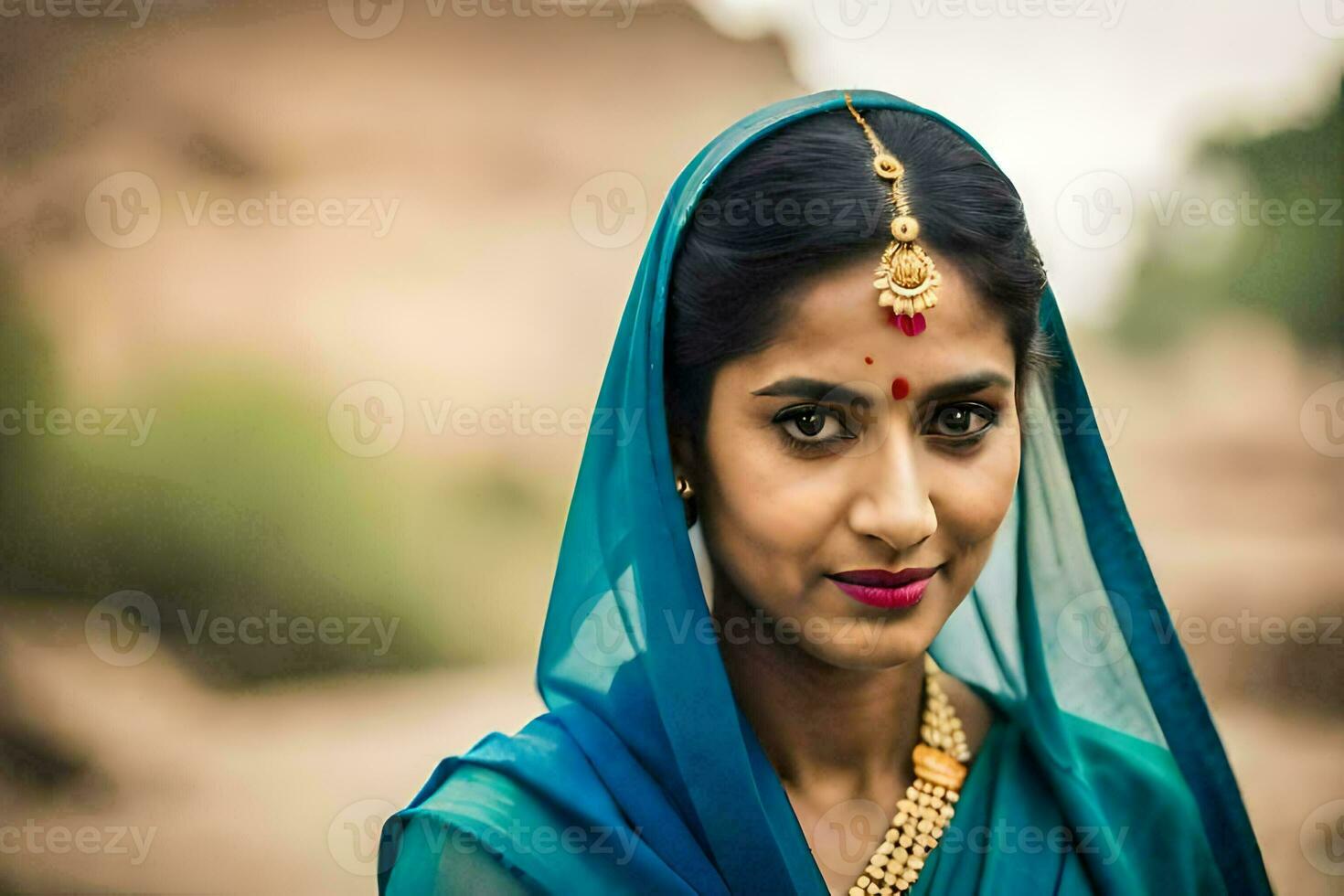 uma mulher dentro uma sari poses para a Câmera. gerado por IA foto