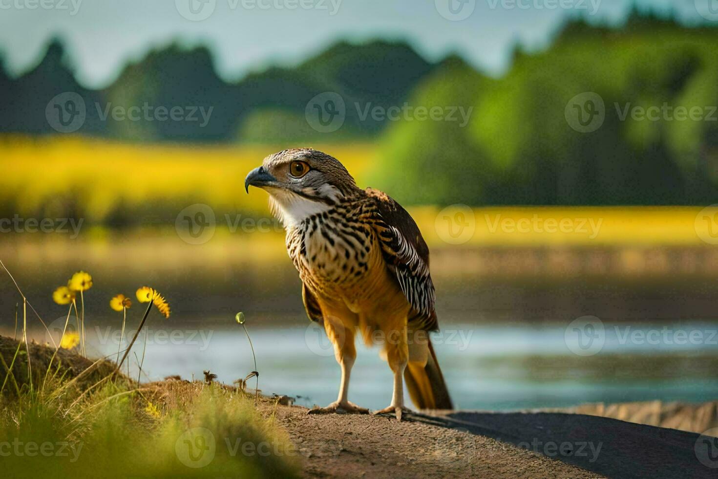 uma pássaro é em pé em a Beira do uma lago. gerado por IA foto