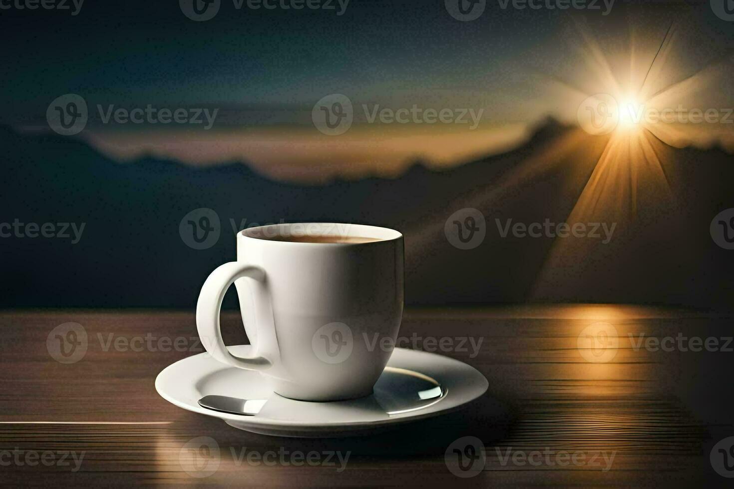 uma copo do café em uma mesa dentro a montanhas. gerado por IA foto