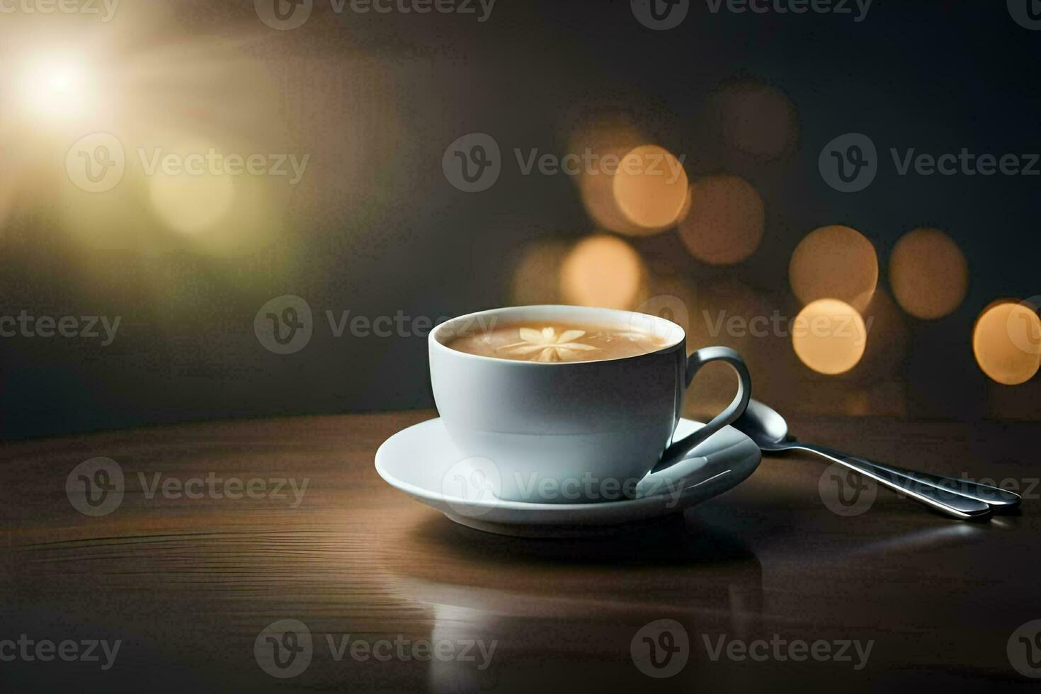 uma copo do café em uma de madeira mesa com uma bokeh fundo. gerado por IA foto