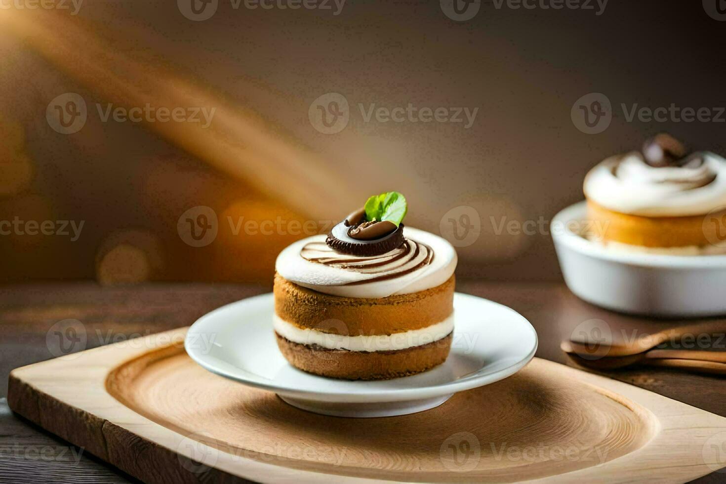 dois pequeno bolos em uma de madeira bandeja. gerado por IA foto