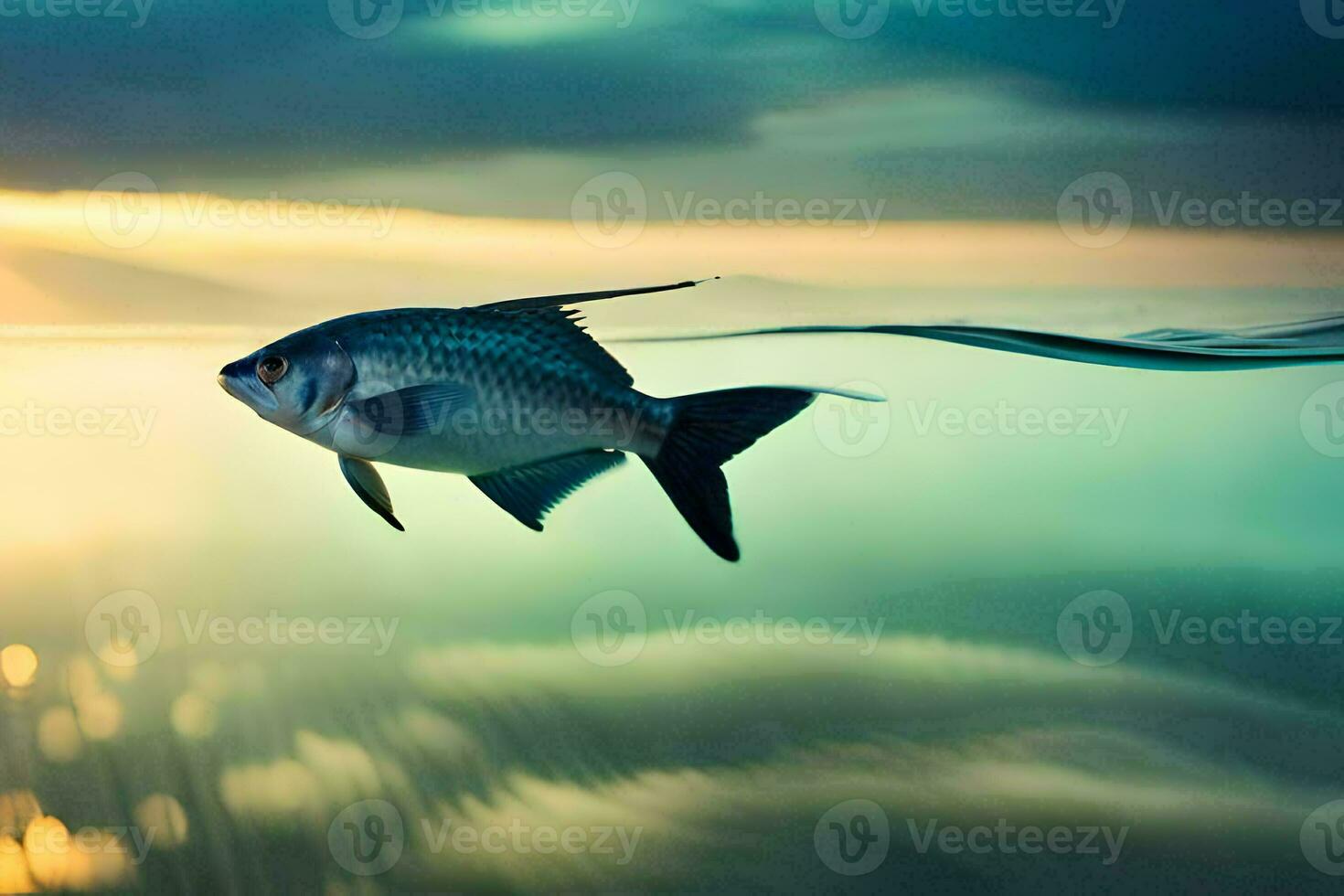 uma peixe natação dentro a oceano às pôr do sol. gerado por IA foto