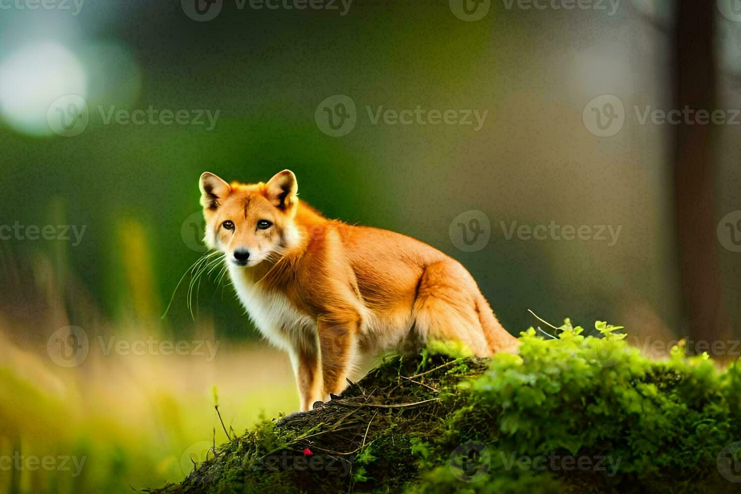 uma vermelho Raposa em pé em topo do uma Rocha dentro a floresta. gerado por IA foto