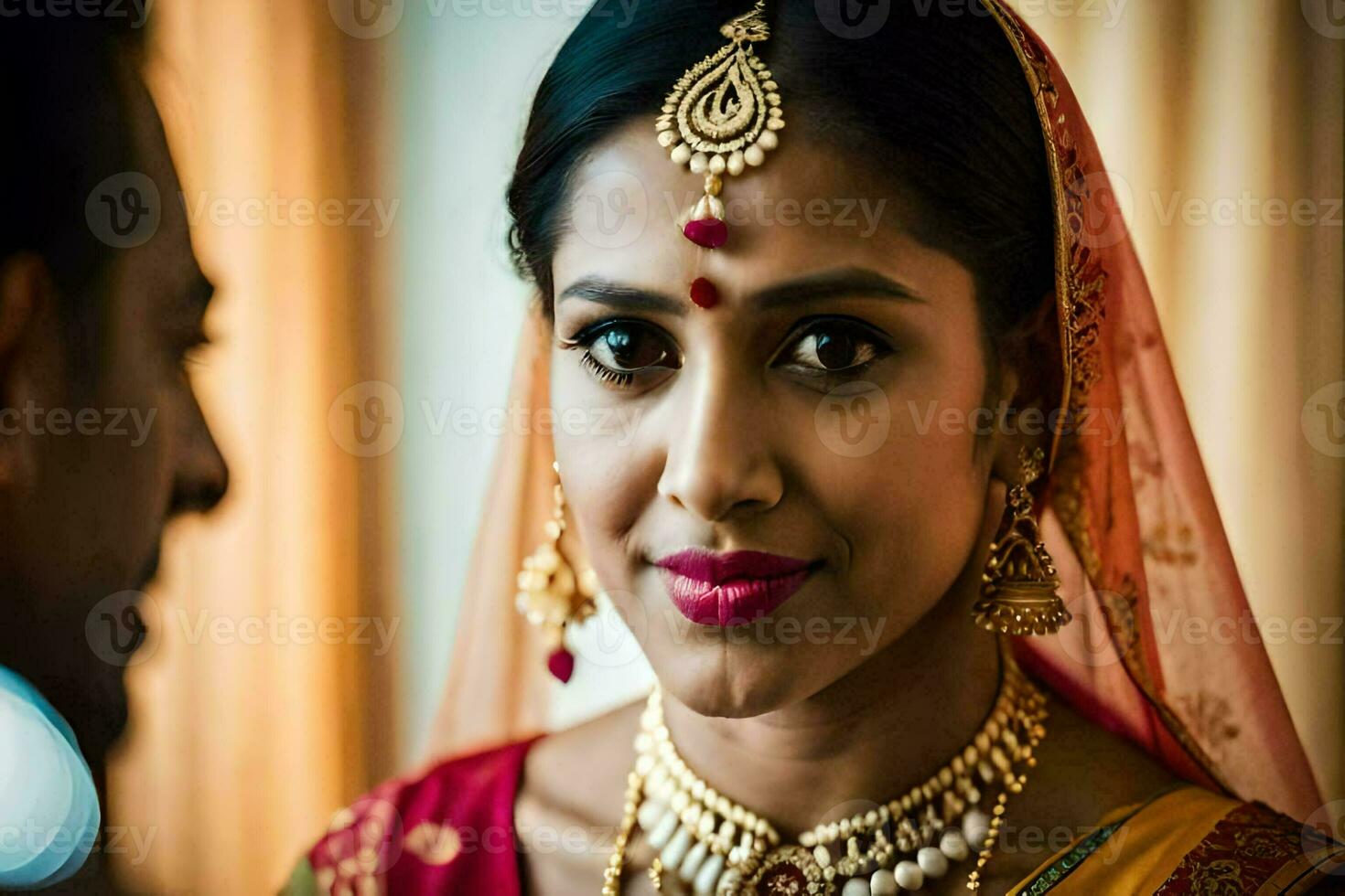 uma lindo indiano noiva olhando às dela noivo. gerado por IA foto