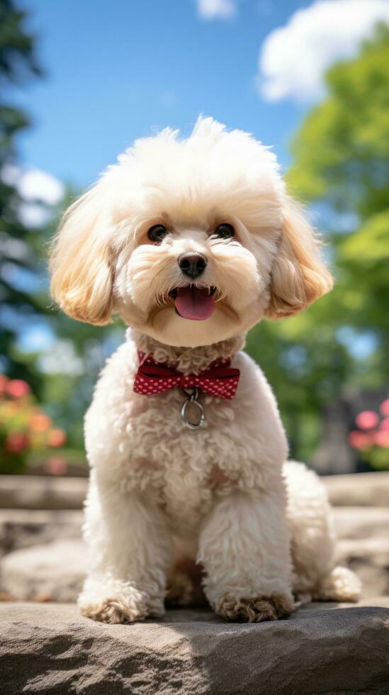 poodle com uma clássico verão corte, sentado bonita com uma vermelho arco foto