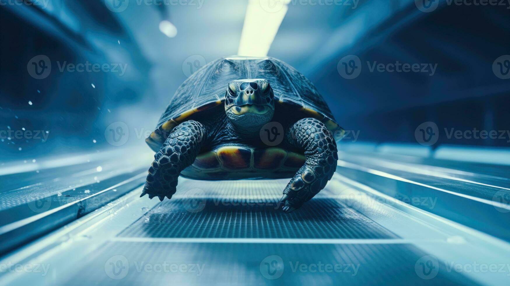 uma tartaruga em uma futurista passarela uma símbolo do persistência e sucesso ai gerado foto