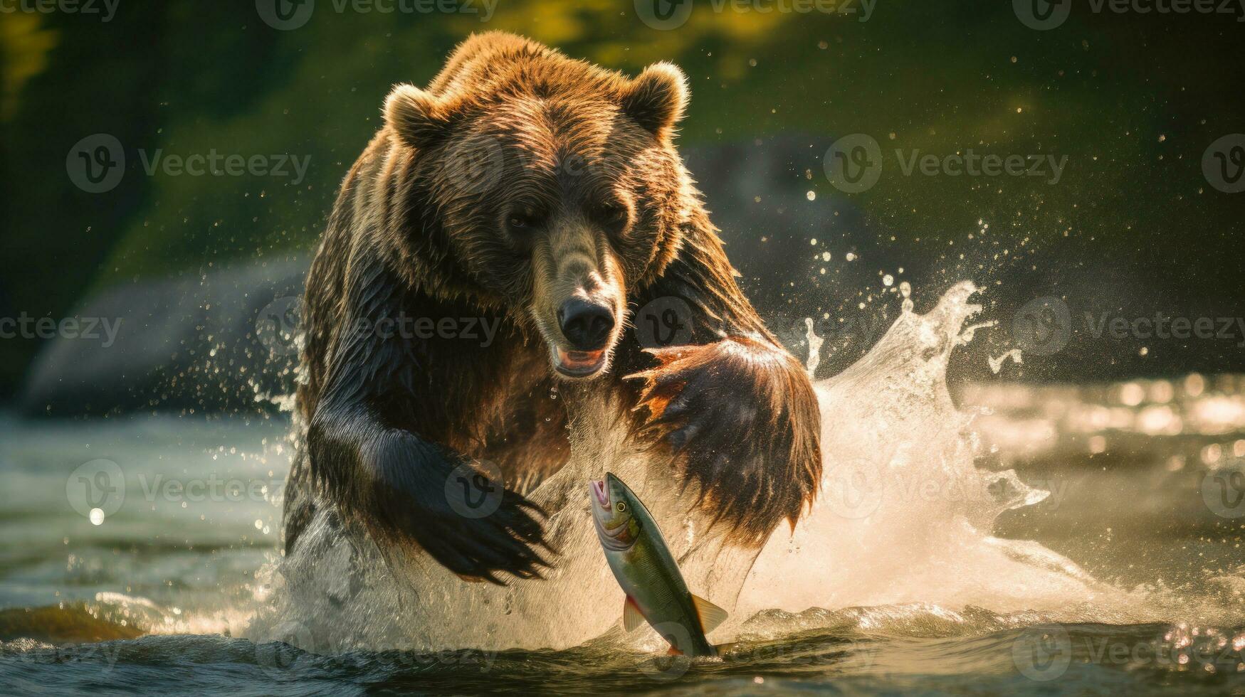 animais selvagens fotografia do uma Kamchatka Castanho Urso pegando uma salmão dentro meio ar ai gerado foto