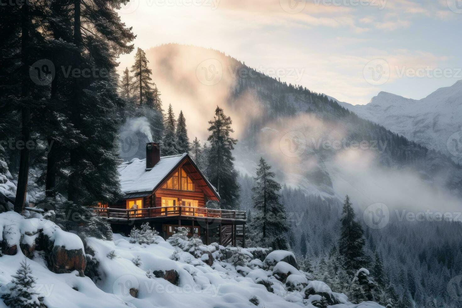 fantástico inverno panorama com de madeira casa dentro Nevado montanhas. Natal e inverno Férias feriado conceito. generativo ai foto