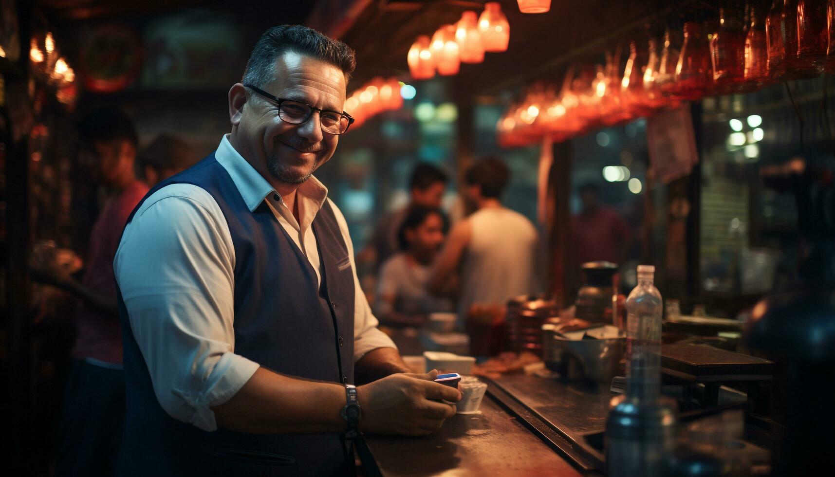 uma homem de negocios goza uma beber às uma animado cidade Boate gerado de ai foto