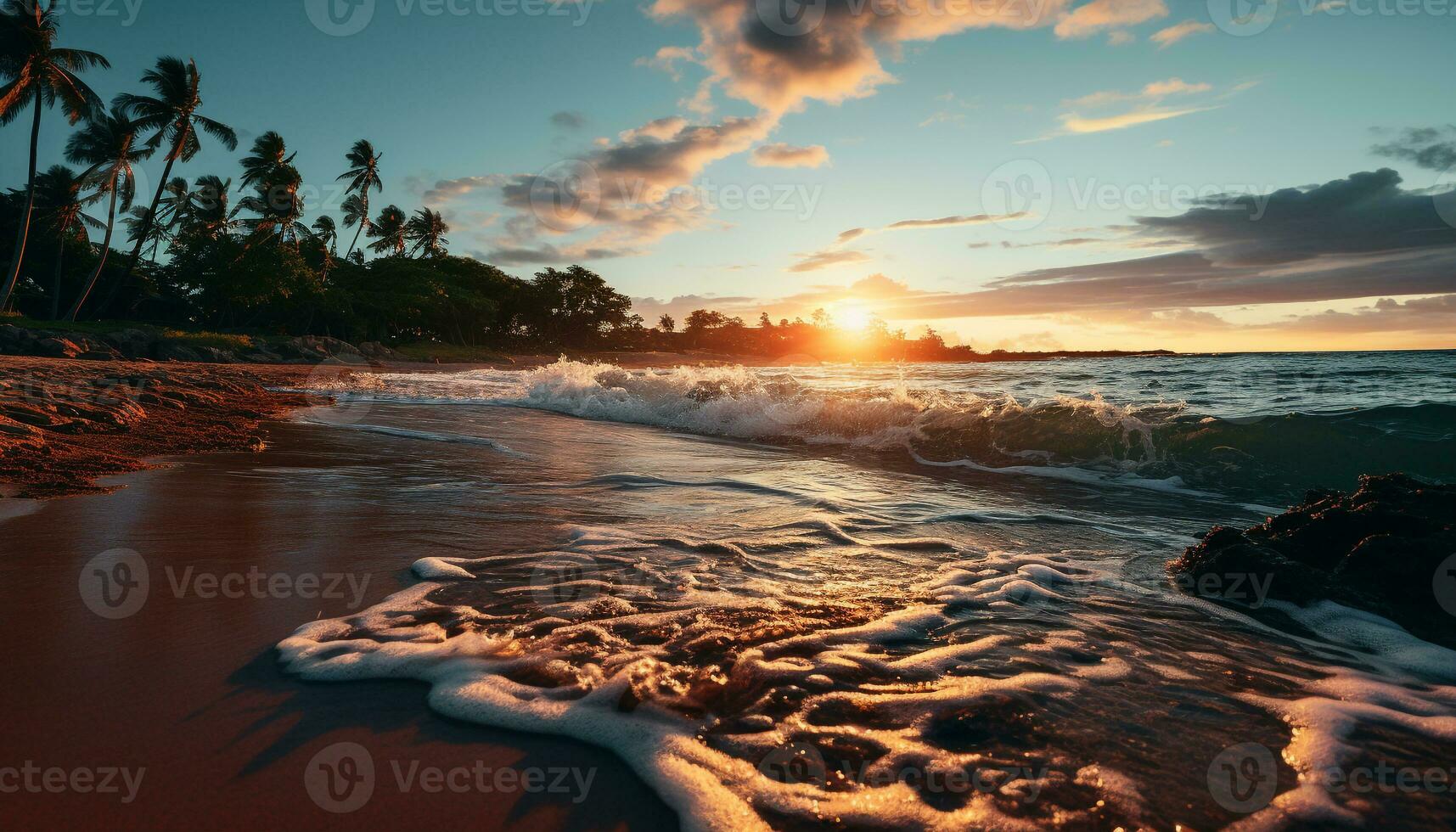 dourado pôr do sol sobre tranquilo litoral, Palma árvores balançar dentro tropical brisa gerado de ai foto