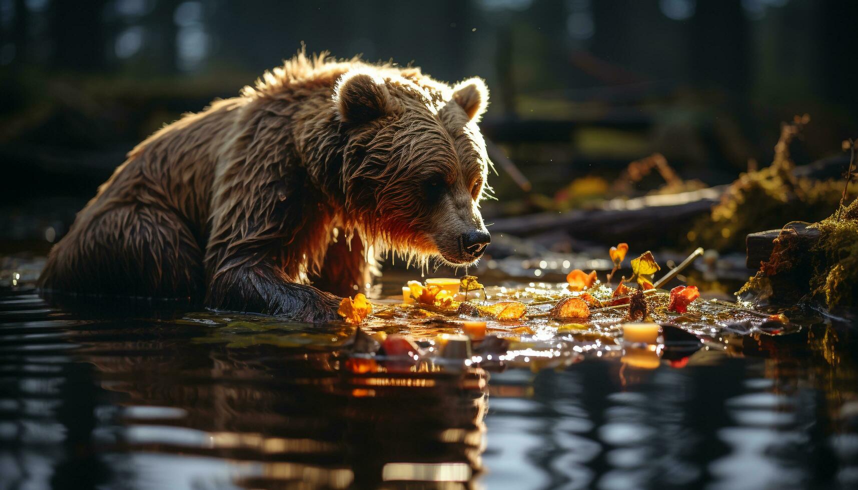 uma majestoso tigre olhares fixos para dentro a lago, cercado de outono gerado de ai foto