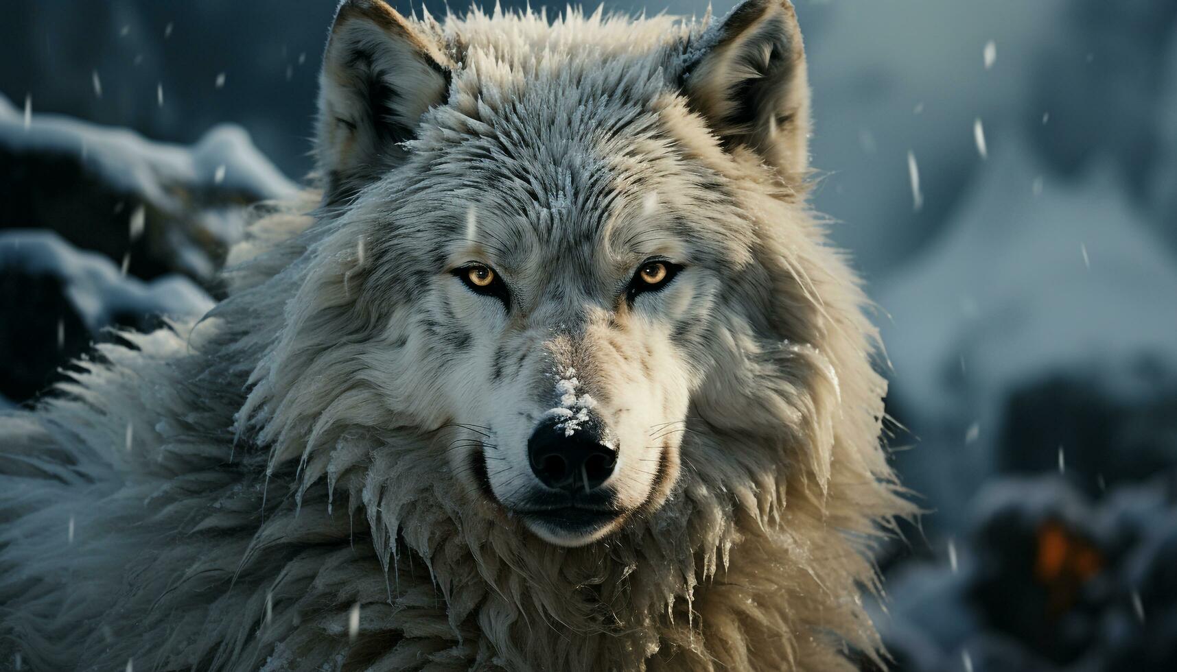 uma majestoso Lobo dentro a Nevado floresta, olhando para dentro a Câmera gerado de ai foto
