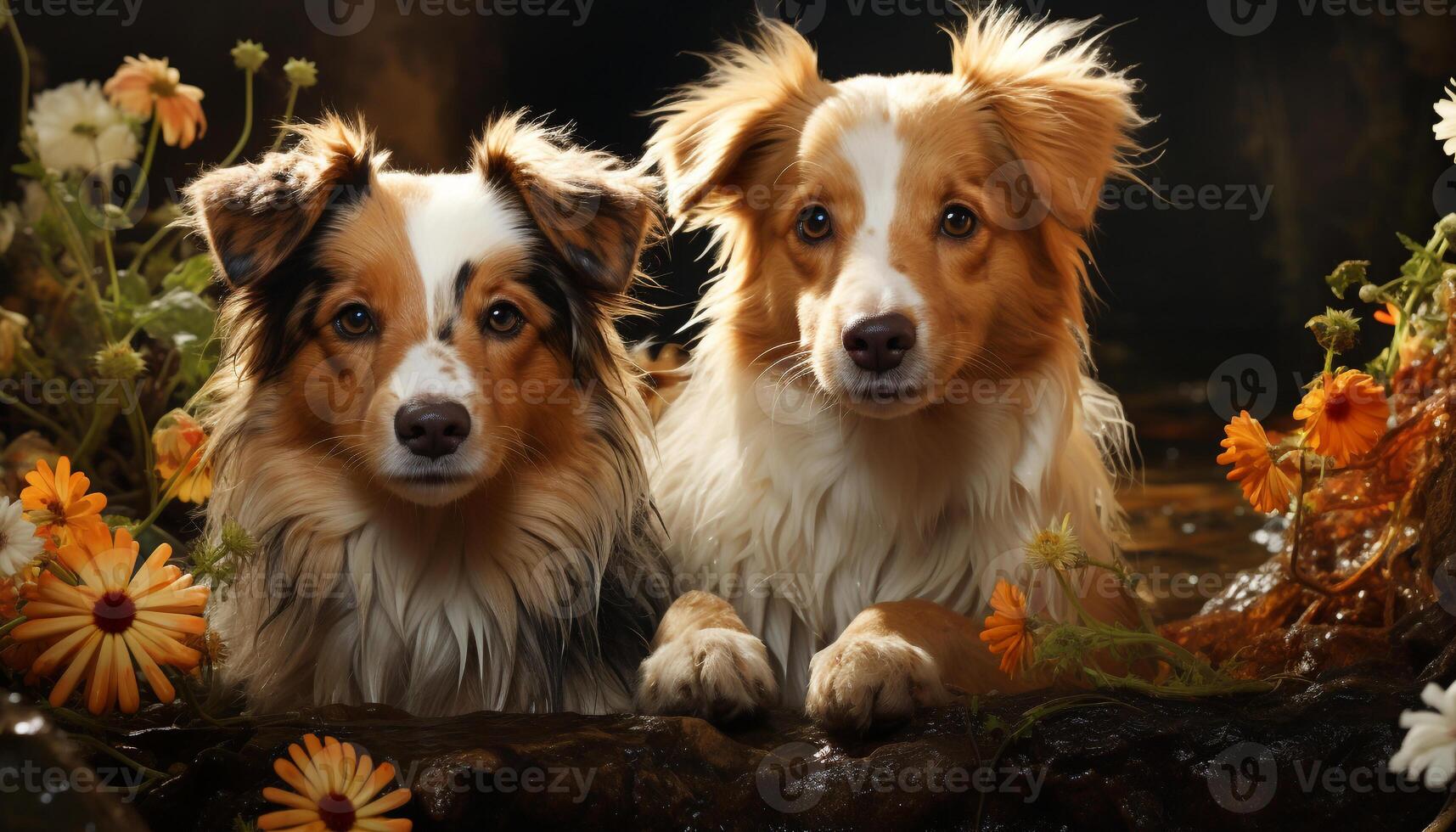 fofa cachorro sentado ao ar livre, olhando às Câmera, cercado de flores gerado de ai foto