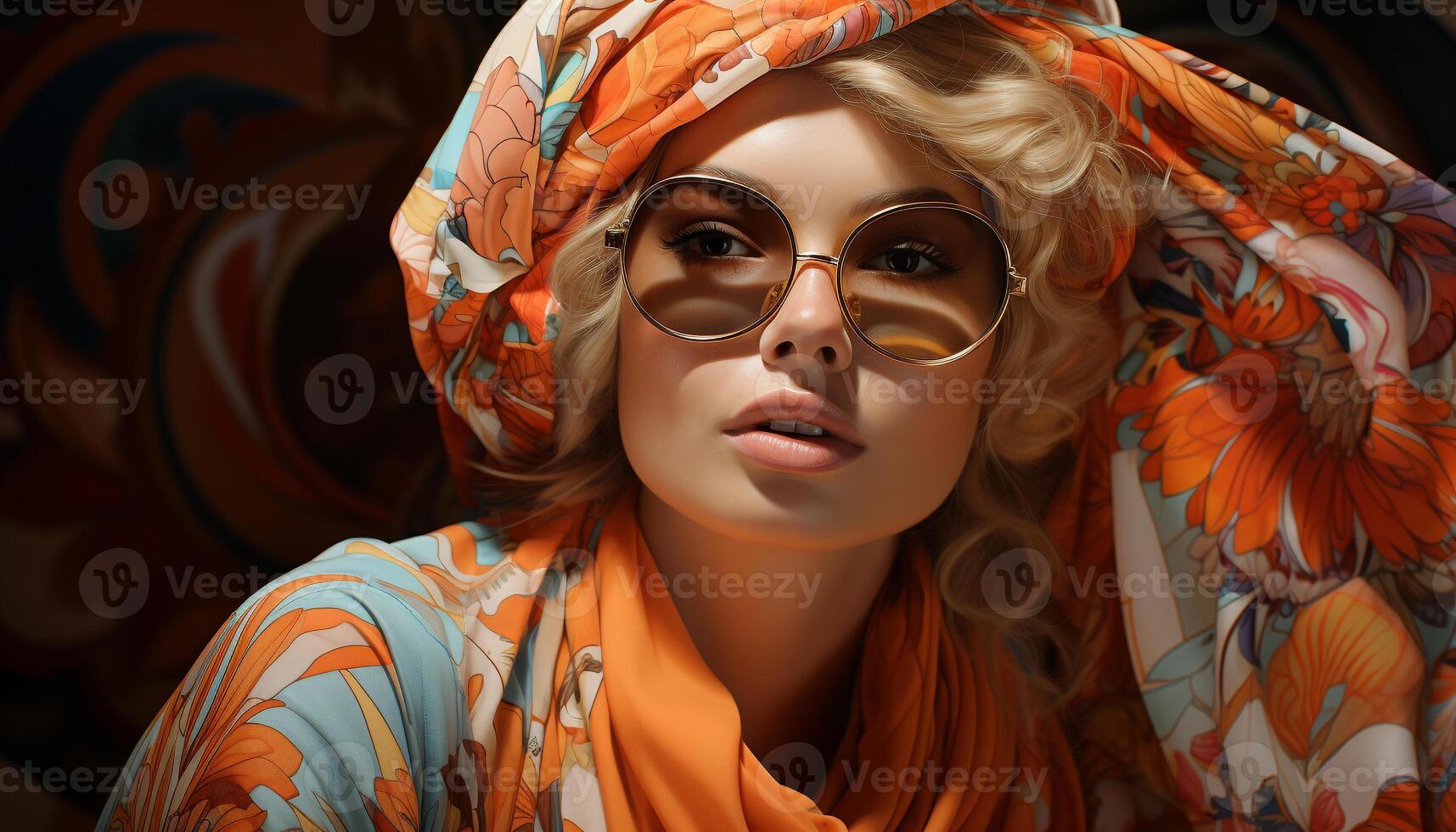 lindo mulher com grandes loiro cabelo e à moda oculos de sol, olhando glamouroso gerado de ai foto