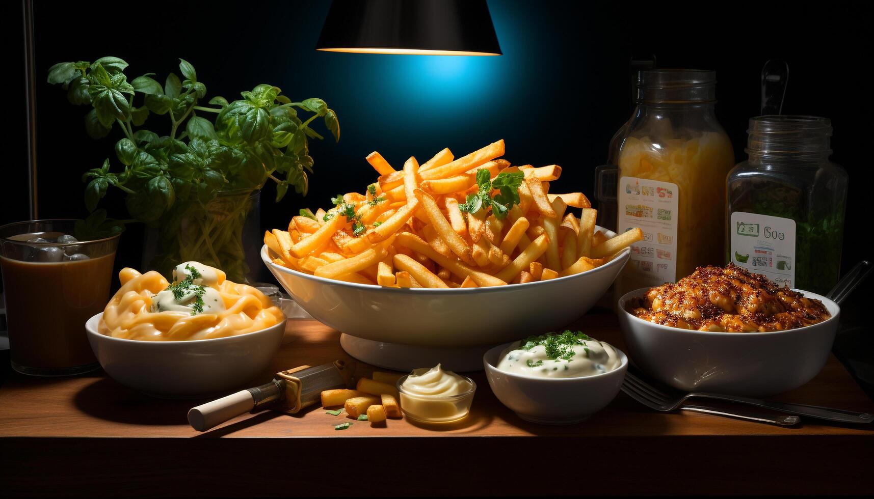 frescor em a mesa gourmet refeição, francês fritas, e legumes gerado de ai foto