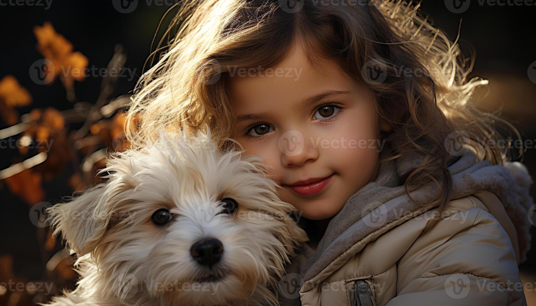 uma fofa criança e cachorro, pequeno animais de estimação, sorridente retrato gerado de ai foto