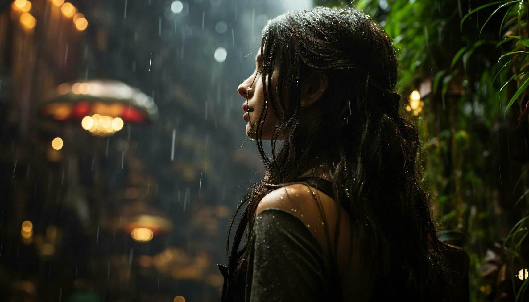 sorridente mulher dentro chuva, beleza dentro natureza, desfrutando cidade vida gerado de ai foto