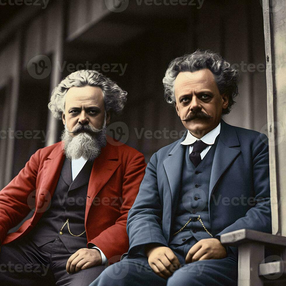 revolucionário visionários colorido retrato do karl marx e trotski dentro Década de 1930 generativo ai foto