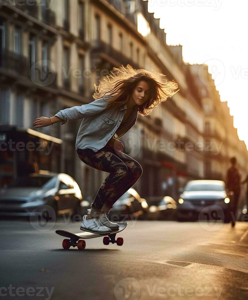 jovem mulher skate em a ruas do Paris, generativo ai foto