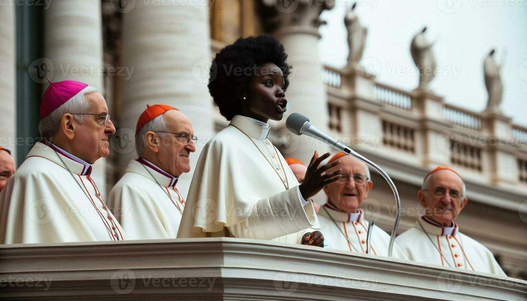 perturbador feminismo Preto menina papa às Vaticano sacada. generativo ai. foto