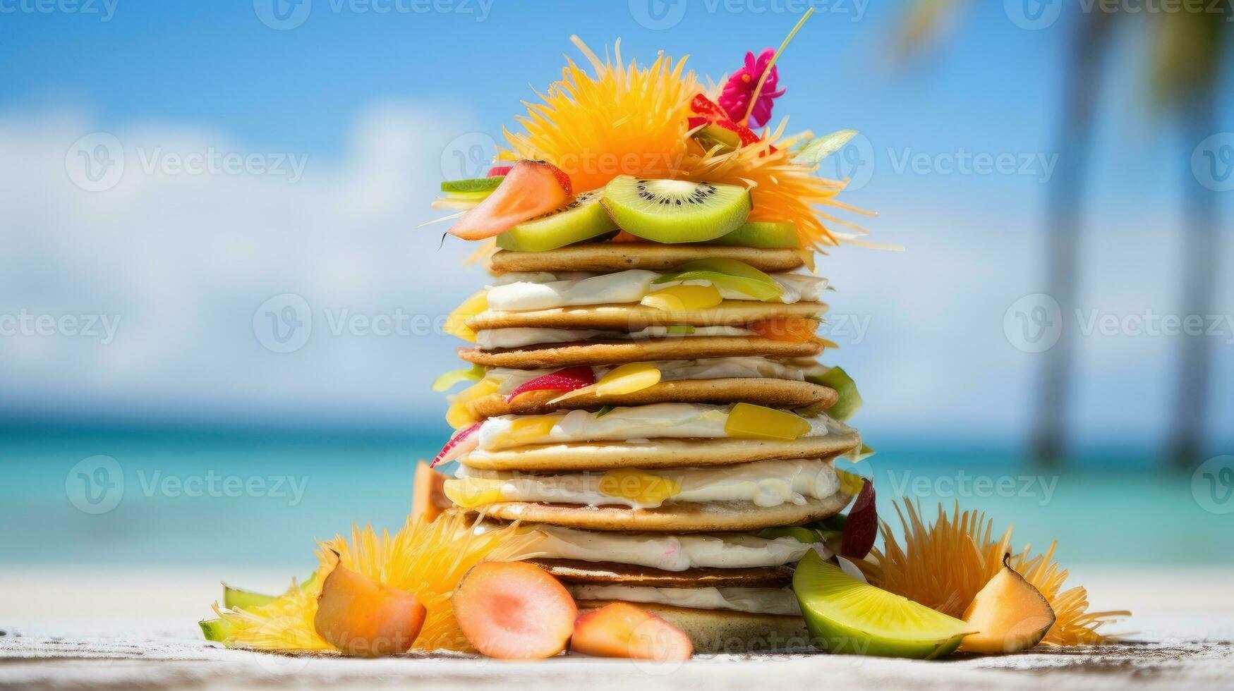 delicioso panquecas servido com tropical frutas às lindo mar Visão restaurante em a de praia. generativo ai foto