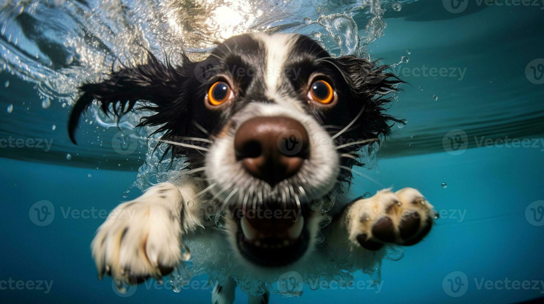 fofa Preto e branco fronteira collie natação embaixo da agua dentro a piscina. ai gerado foto