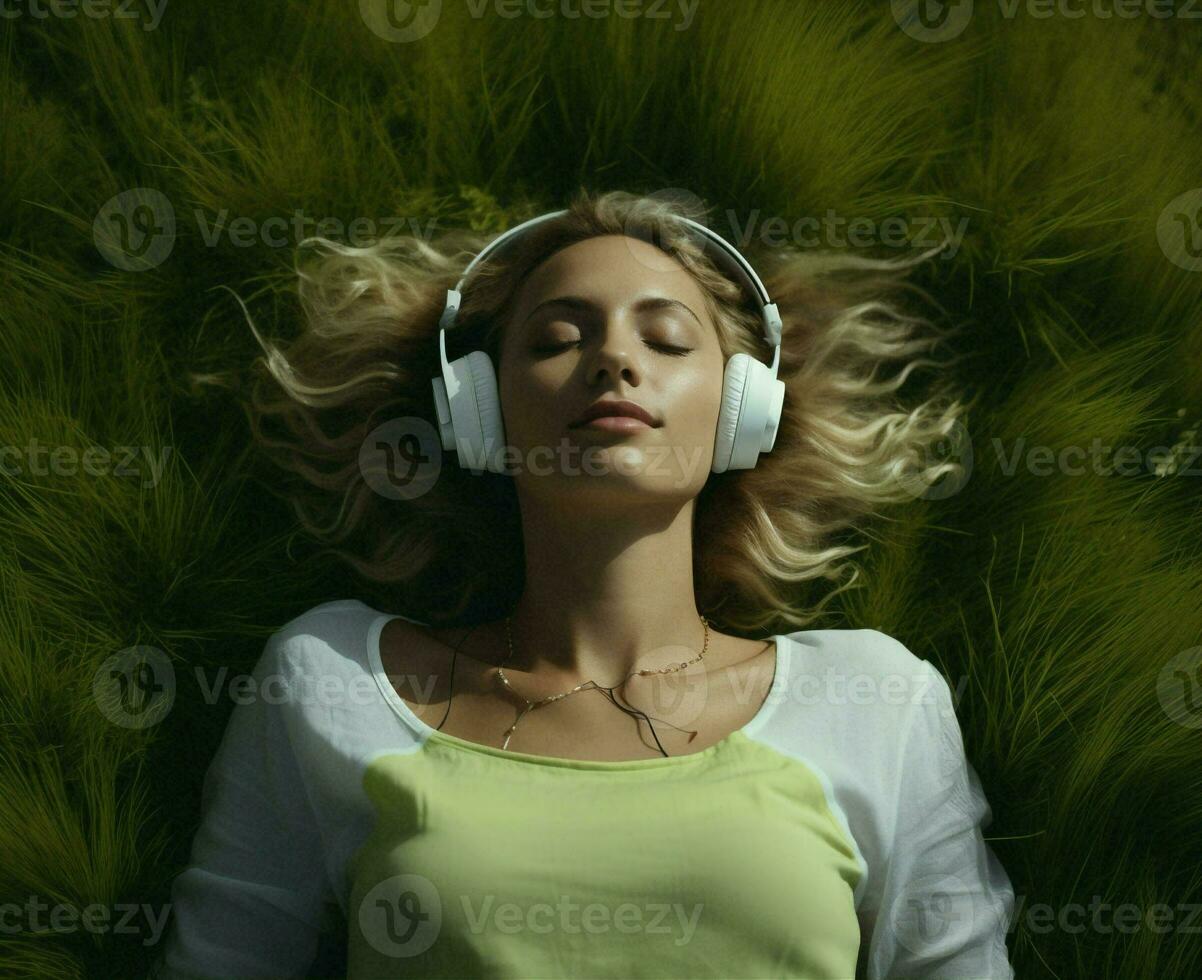 mulher meditação adulto senhora positivo verde branco ouço relaxamento música retrato Relva verão estilo de vida fones de ouvido foto