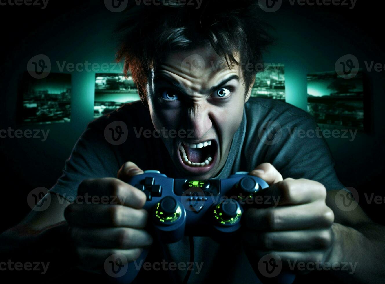 jogando homem conectados lazer controle de video game jogador engraçado retrato estresse Bravo grito tecnologia masculino foto