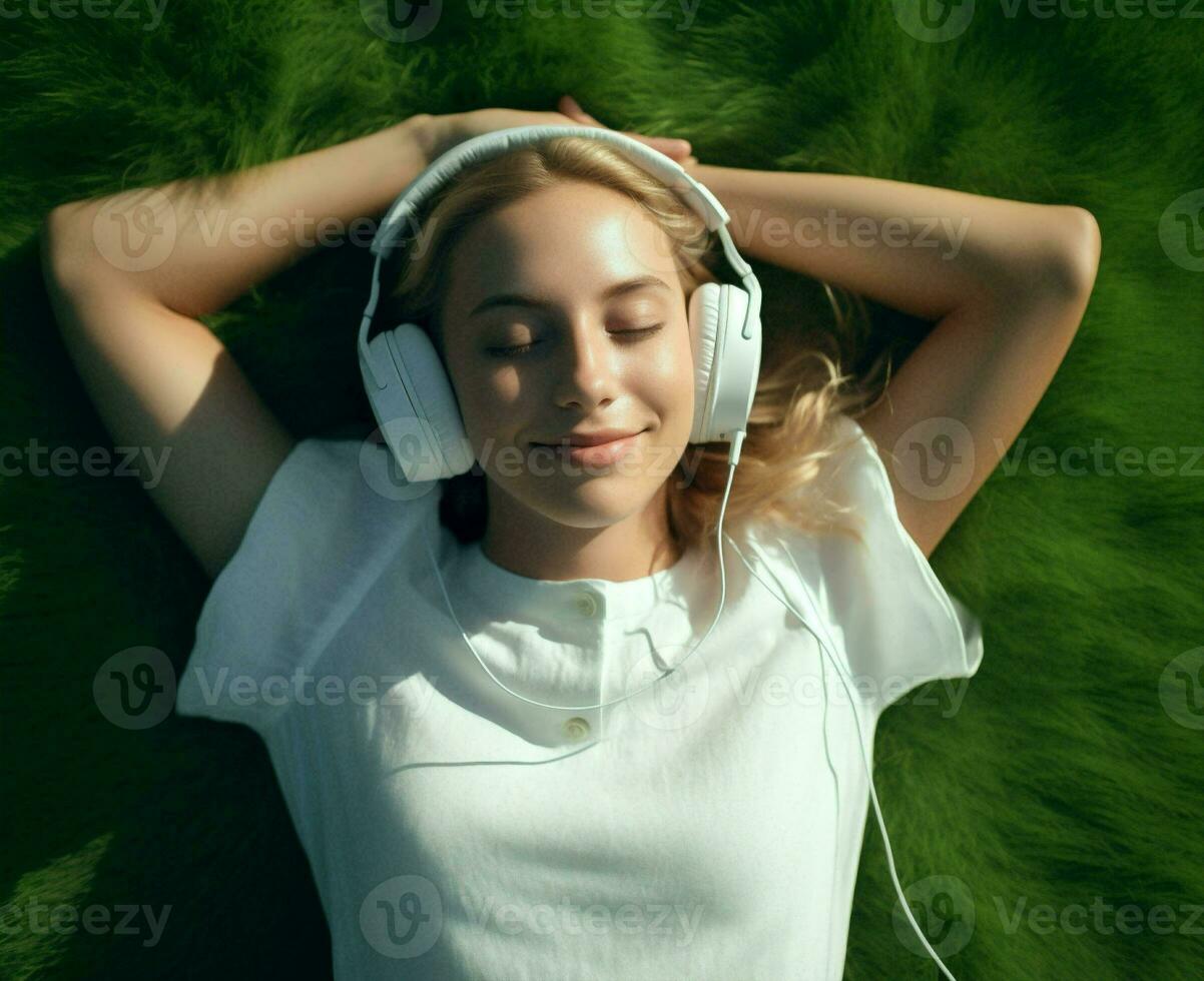 mulher música meditação verde Relva fones de ouvido retrato estilo de vida audio ao ar livre senhora ouço verão foto