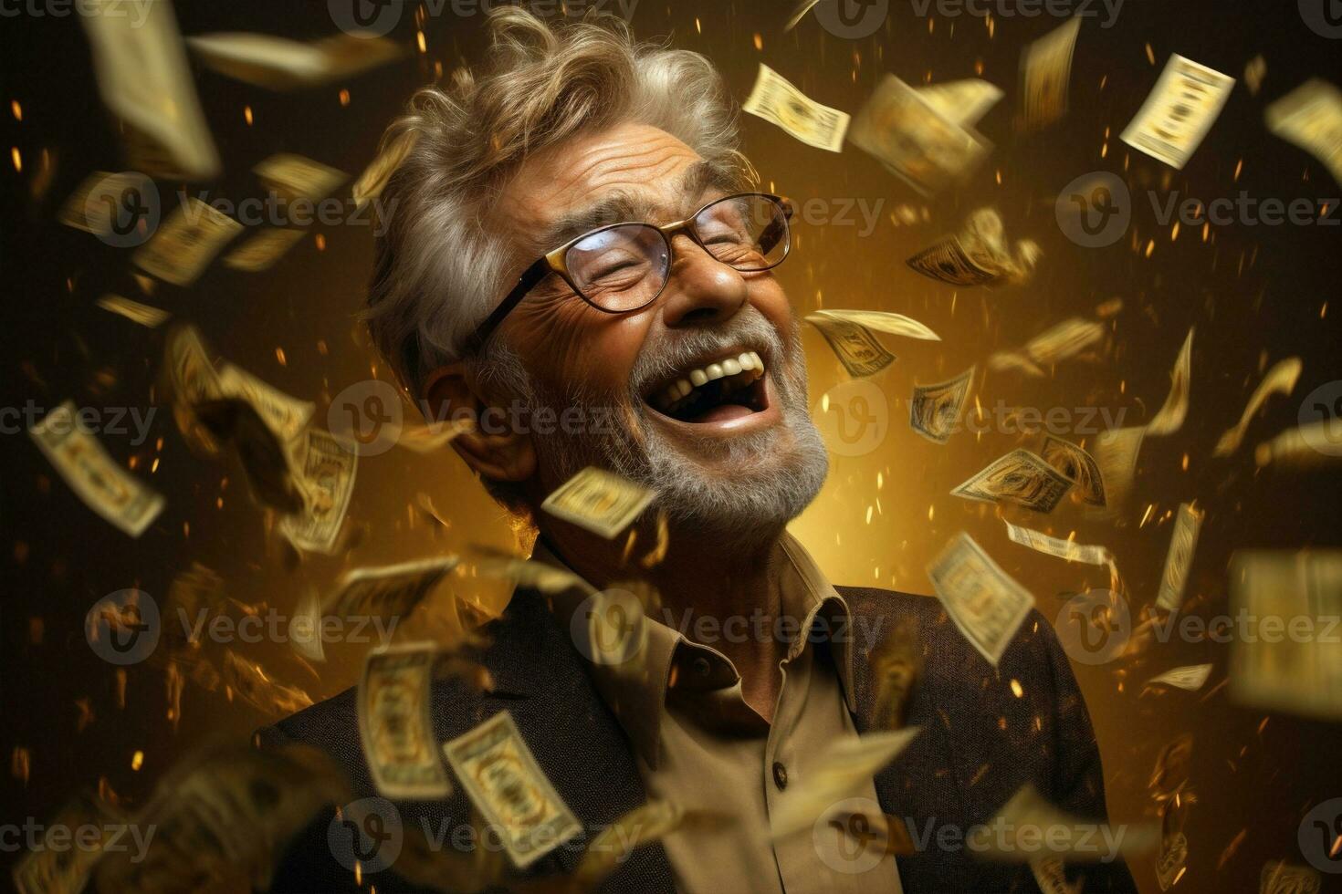 homem velho sucesso dinheiro face ouro retratos dólar feliz vencedora barba. generativo ai. foto