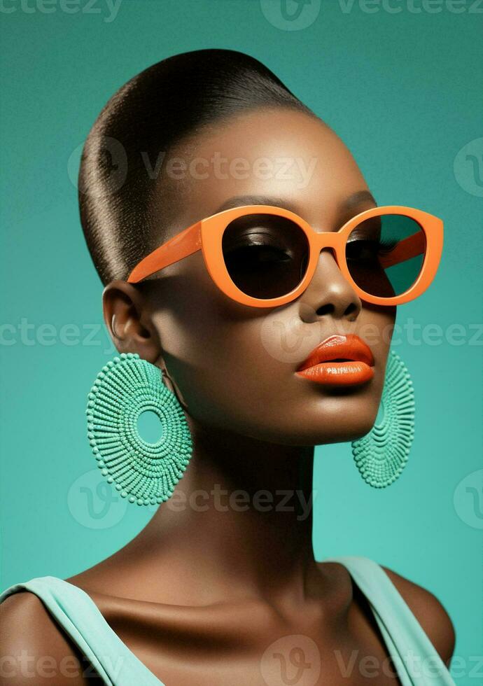 mulher óculos elegante moderno Preto oculos de sol na moda africano retrato beleza fofa americano cor voga foto