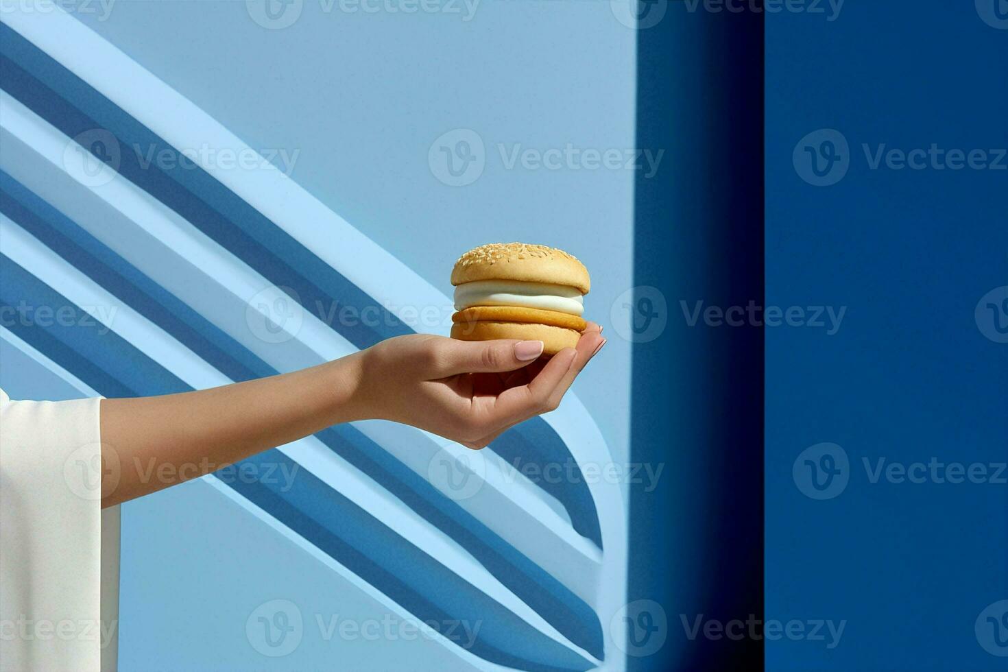 mulher com fome refeição fundo Comida amarelo velozes conceito arte Hamburger carne azul hamburguer mão foto