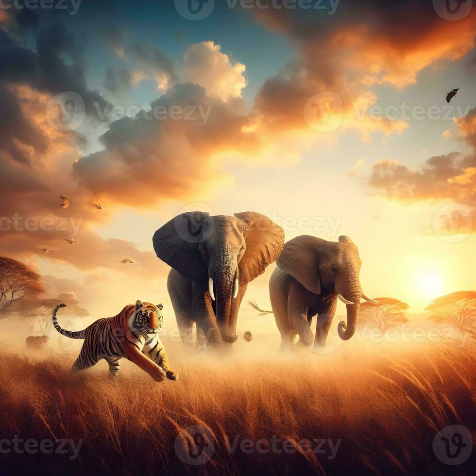 majestoso sinfonia, elefantes e tigre embarcar em uma sincronizado corre através a região selvagem. ai gerado foto