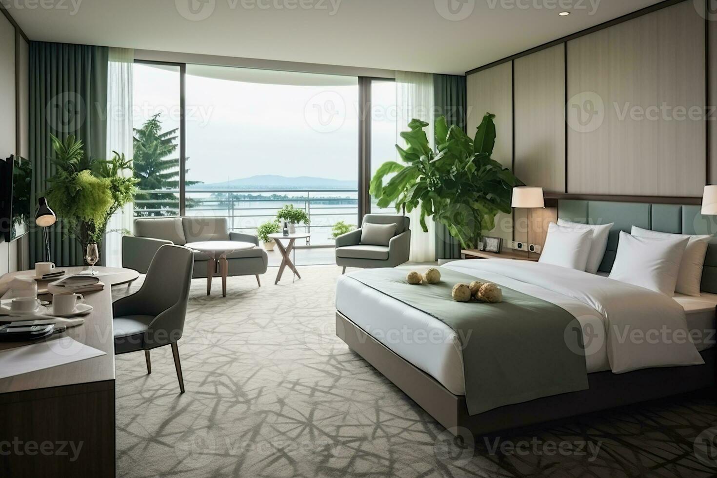 luxuoso, brilhante quarto com uma confortável Duplo cama, moderno mobília e uma lindo Visão a partir de a janela. conceito do interior, arquitetura, viagem. foto